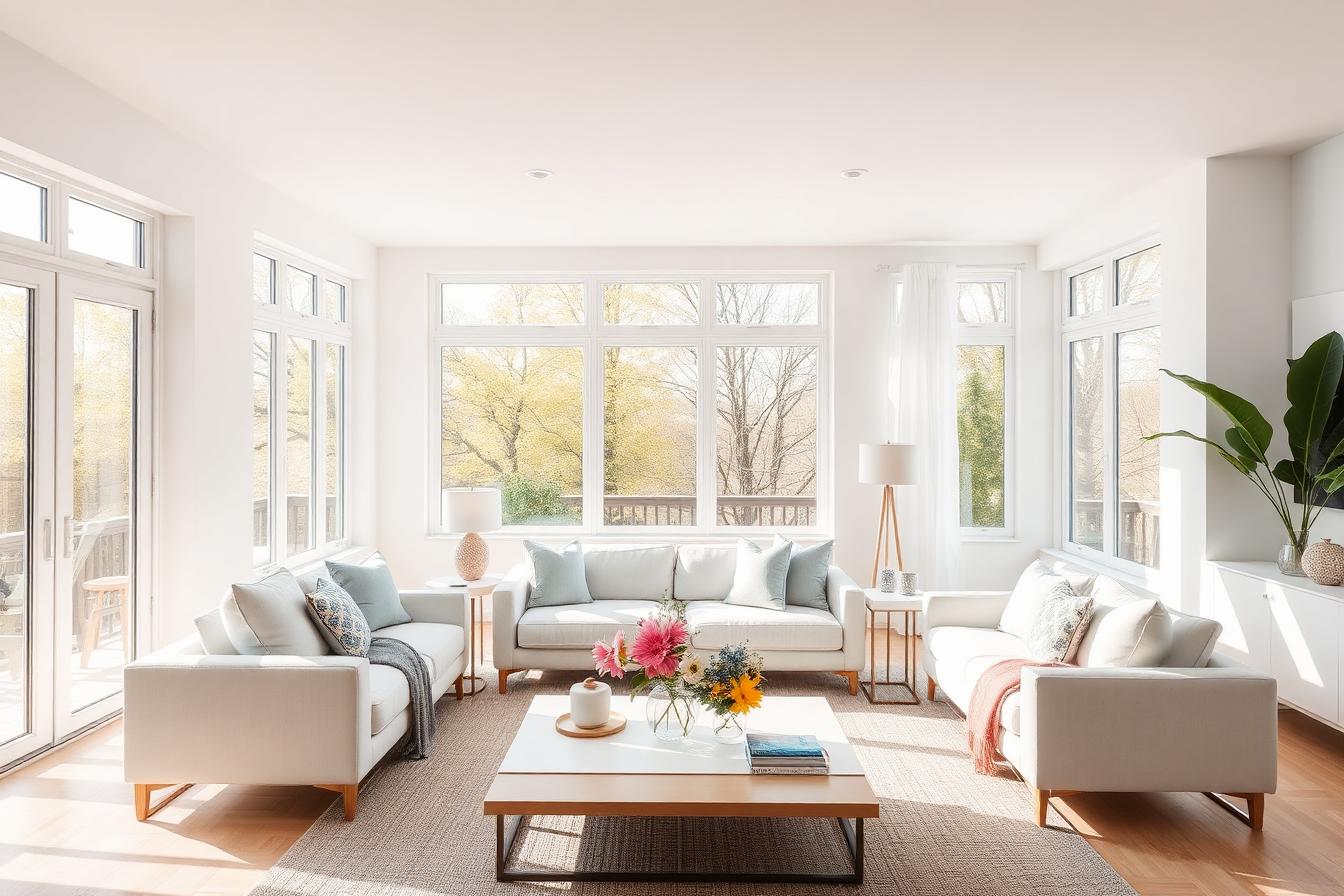 Bright, luxurious living room with sunlight streaming through large windows